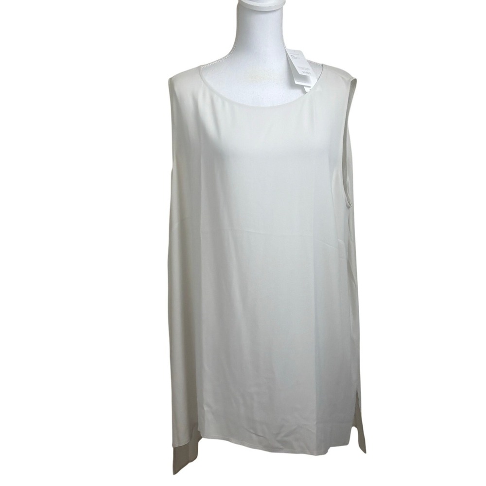 Eileen Fisher System Silk Georgette Crepe Bone Bateau Neck Long Shell Top 2X NWT